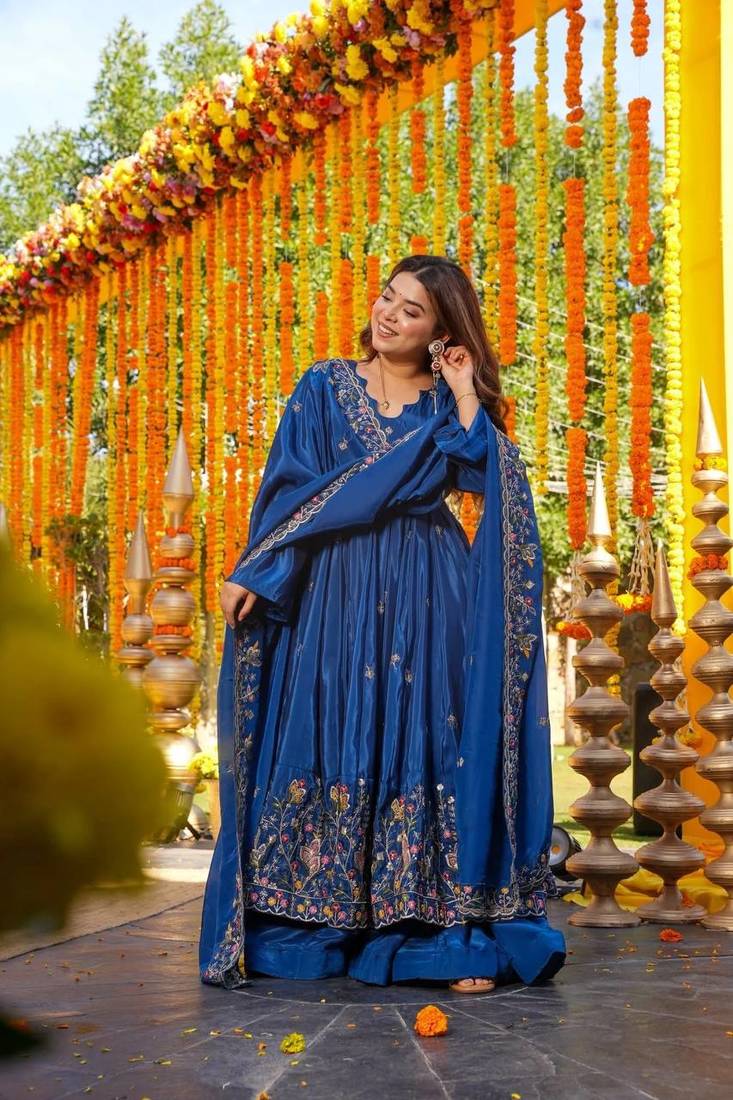 Blue silk embroidered Anarkali suit