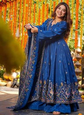 Blue silk embroidered Anarkali suit 2