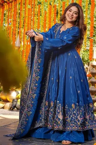 Blue silk embroidered Anarkali suit
