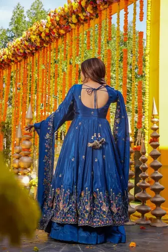 Blue silk embroidered Anarkali suit