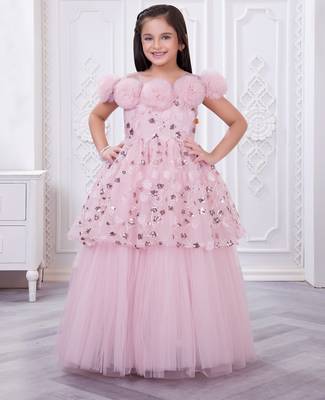 onion pink net long dress with sequins and flowers 1