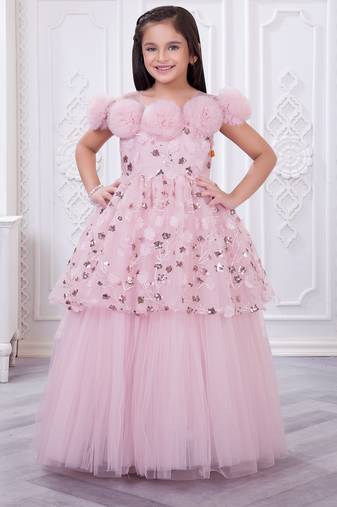 onion pink net long dress with sequins and flowers