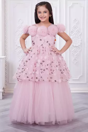 onion pink net long dress with sequins and flowers