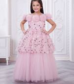 onion pink net long dress with sequins and flowers