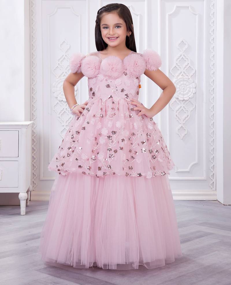 onion pink net long dress with sequins and flowers