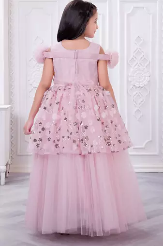 onion pink net long dress with sequins and flowers