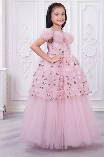 onion pink net long dress with sequins and flowers