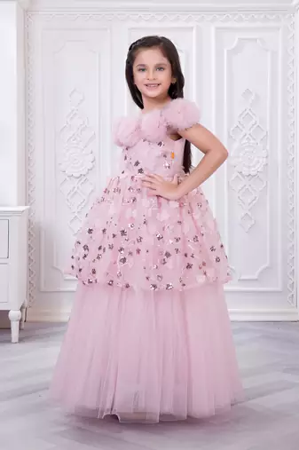 onion pink net long dress with sequins and flowers