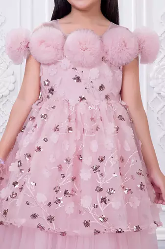 onion pink net long dress with sequins and flowers