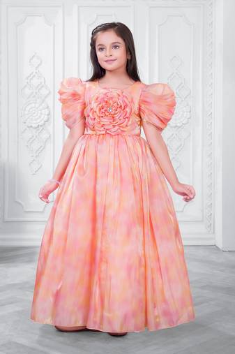 orange satin long dress with floral printed work