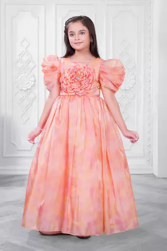 orange satin long dress with floral printed work