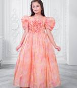 orange satin long dress with floral printed work