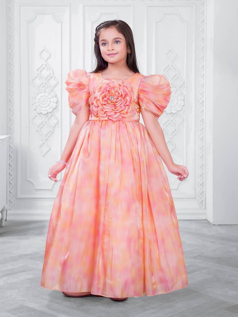 orange satin long dress with floral printed work