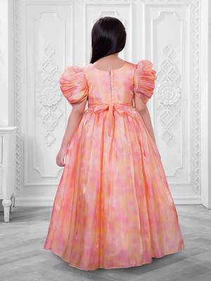 orange satin long dress with floral printed work 2