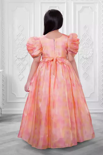 orange satin long dress with floral printed work