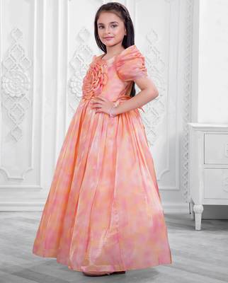 orange satin long dress with floral printed work 3