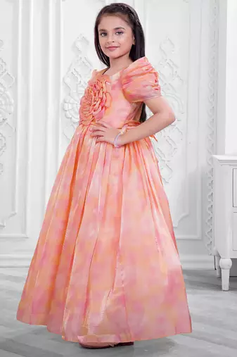 orange satin long dress with floral printed work