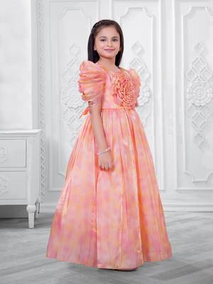 orange satin long dress with floral printed work 4