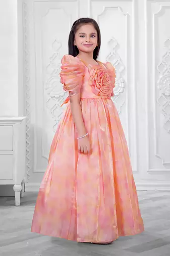 orange satin long dress with floral printed work