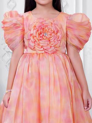 orange satin long dress with floral printed work 5