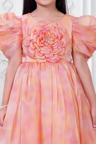 orange satin long dress with floral printed work