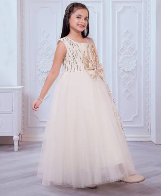 cream net gown with sequins and oversized bow 3