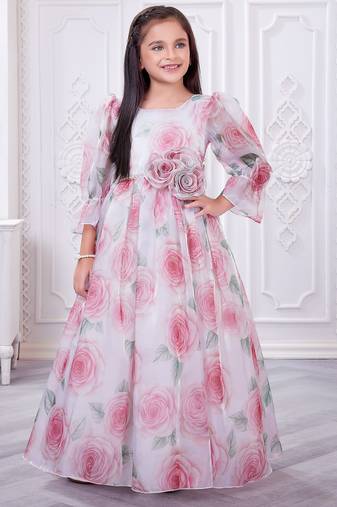 off white organza gown with floral printed design