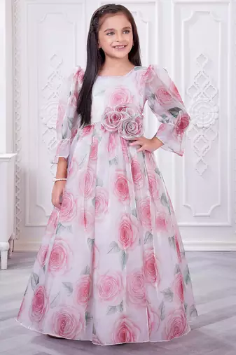 off white organza gown with floral printed design
