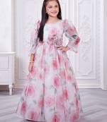off white organza gown with floral printed design