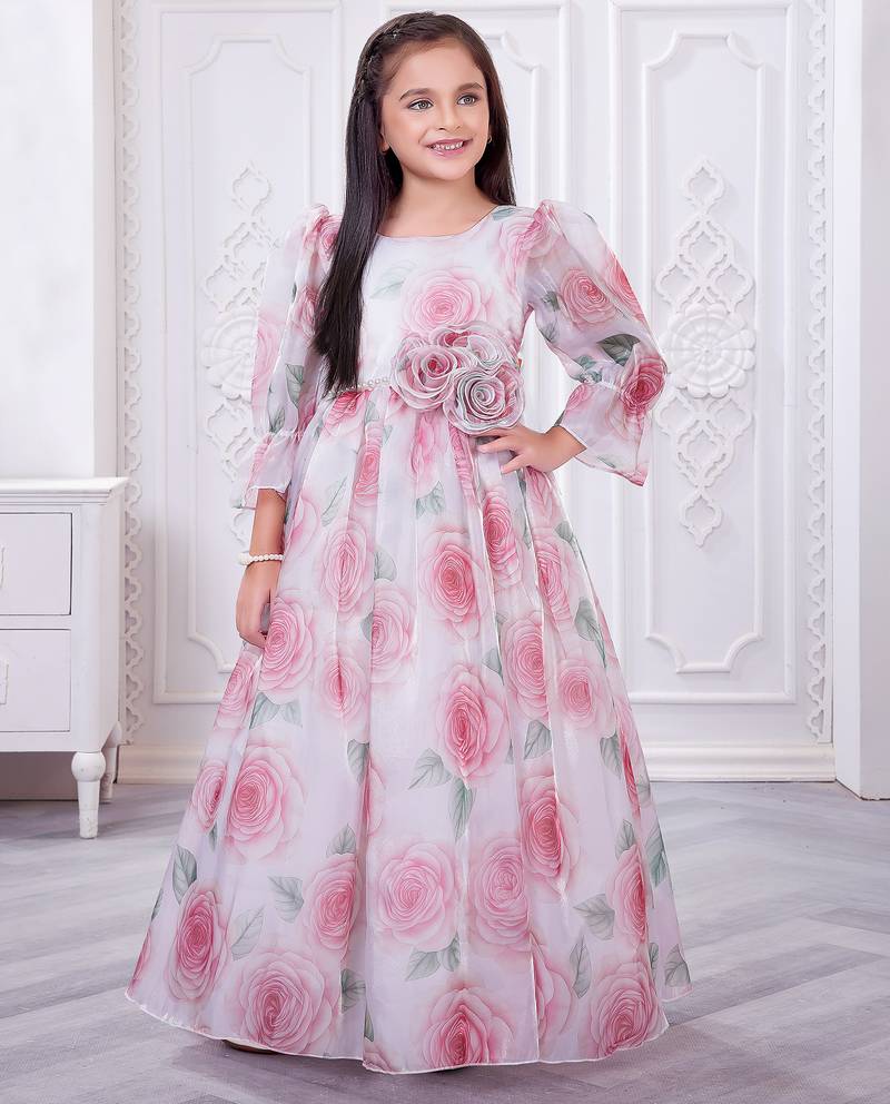 off white organza gown with floral printed design