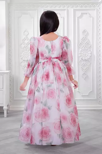 off white organza gown with floral printed design