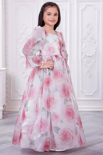 off white organza gown with floral printed design