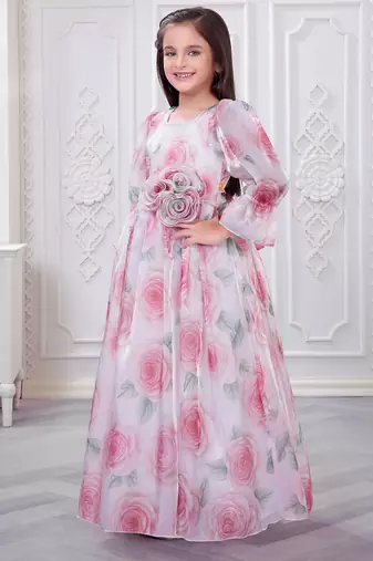 off white organza gown with floral printed design