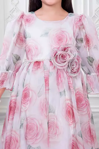 off white organza gown with floral printed design