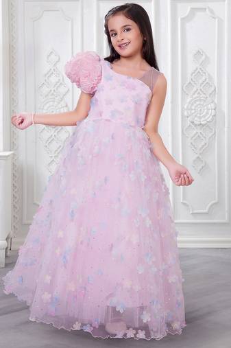 baby pink organza gown with floral print design
