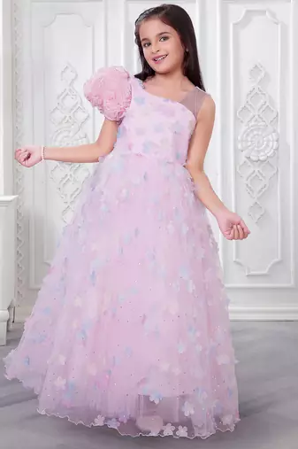 baby pink organza gown with floral print design