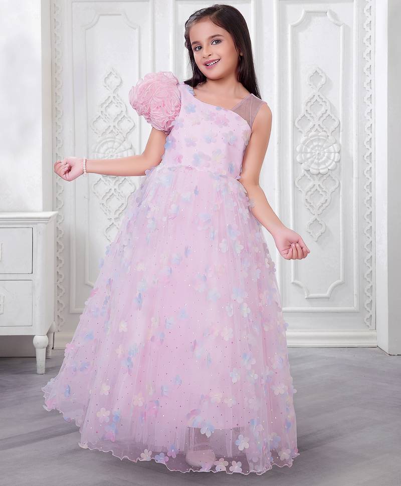 baby pink organza gown with floral print design