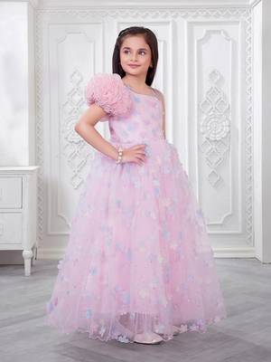 baby pink organza gown with floral print design 3