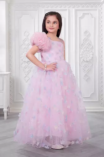 baby pink organza gown with floral print design