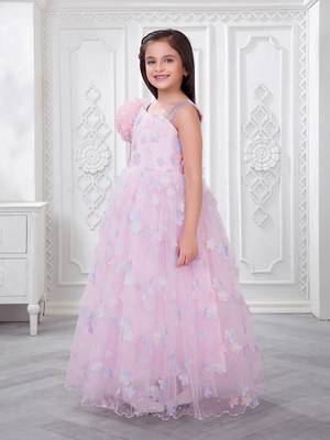 baby pink organza gown with floral print design 4