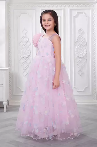 baby pink organza gown with floral print design