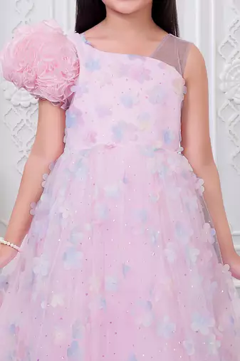 baby pink organza gown with floral print design