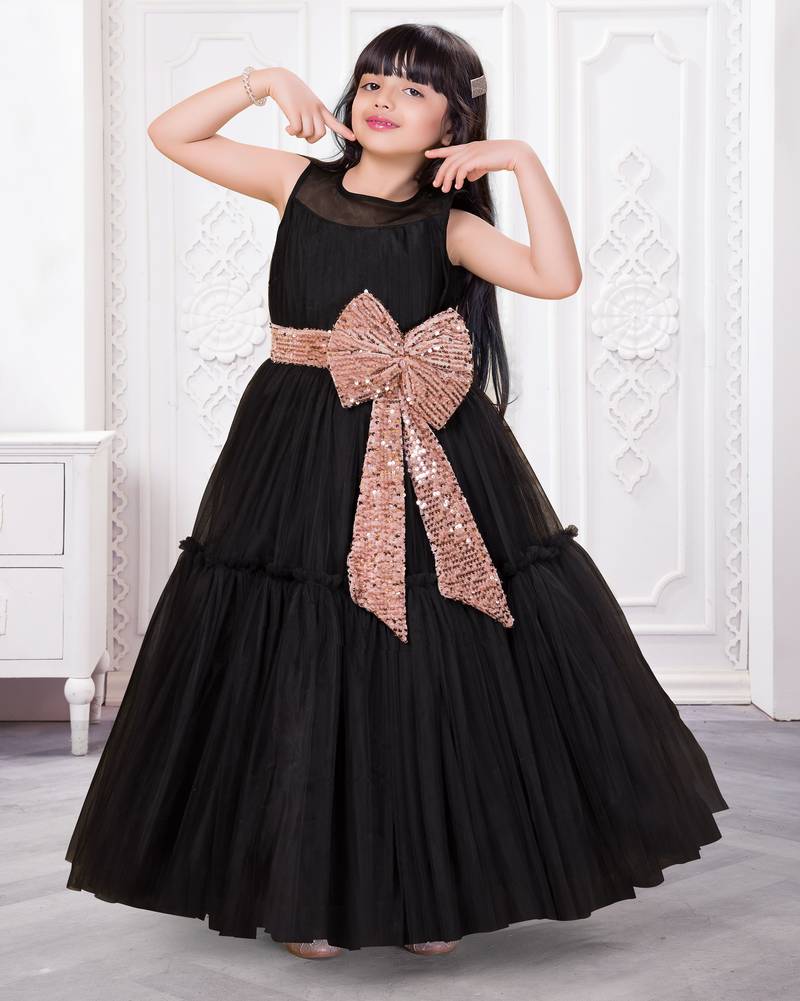 black net party gown with sequin bow for girls