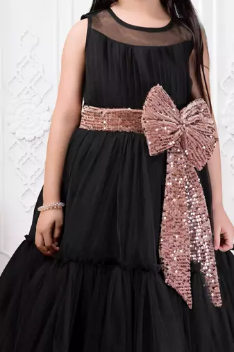 black net party gown with sequin bow for girls