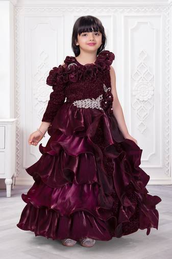 wine organza ruffle party gown for girls