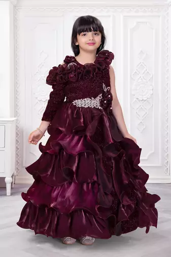wine organza ruffle party gown for girls