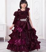 wine organza ruffle party gown for girls