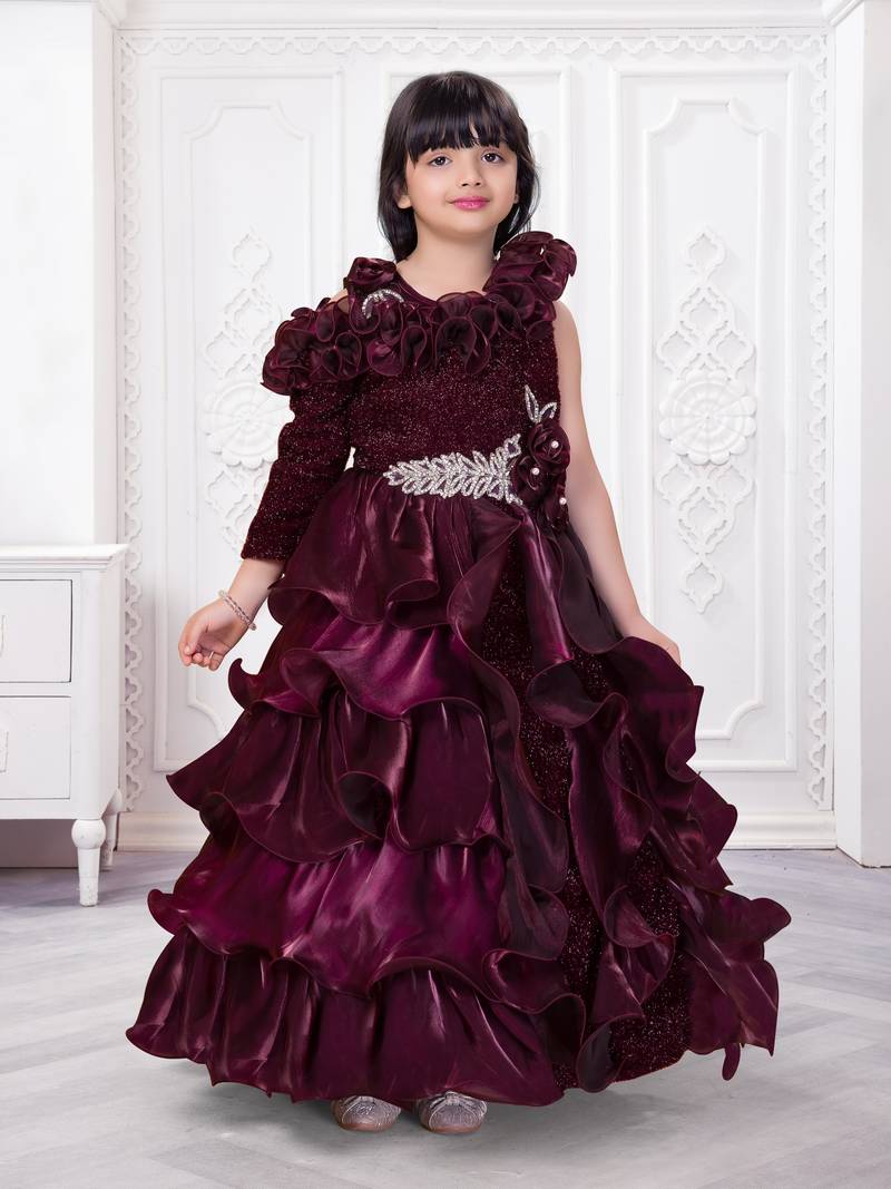 wine organza ruffle party gown for girls