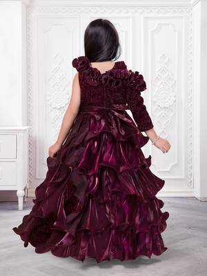 wine organza ruffle party gown for girls 2