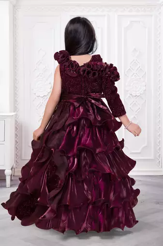wine organza ruffle party gown for girls